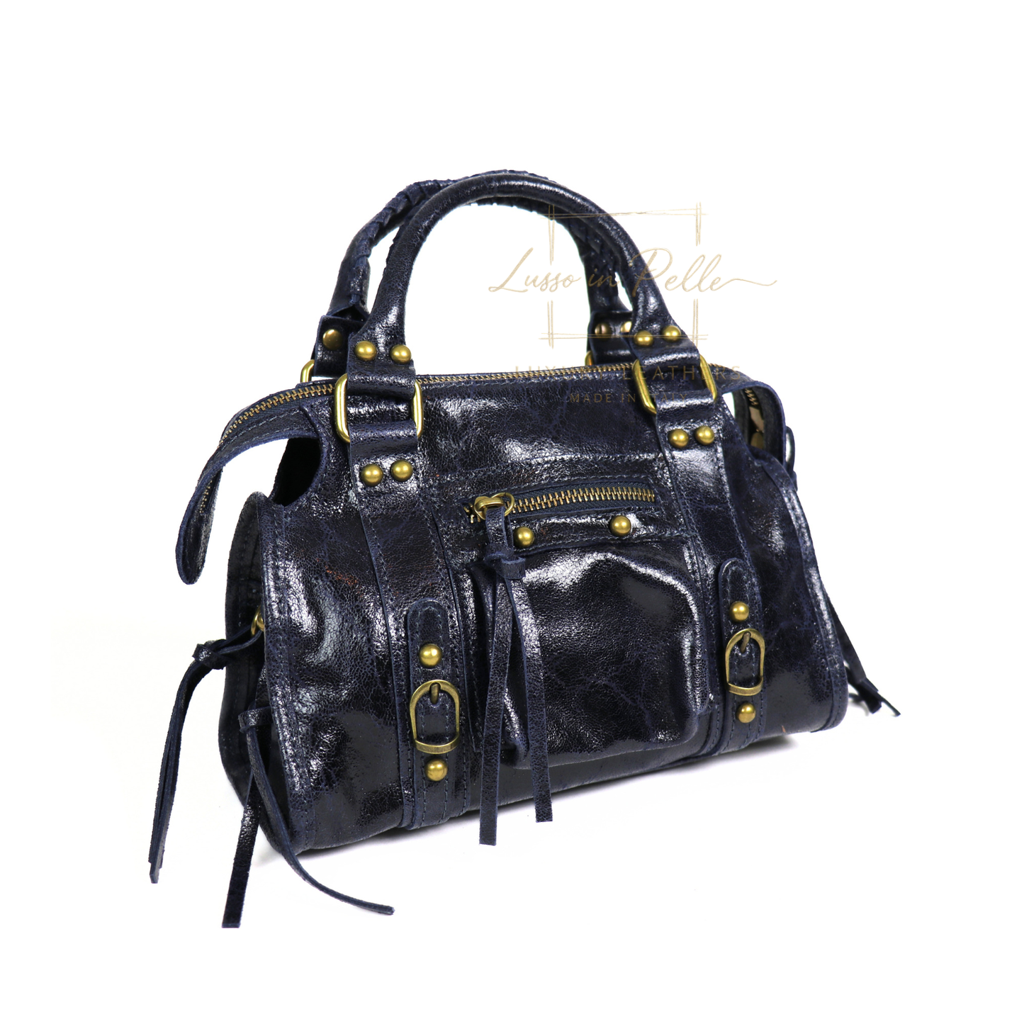 Genuine Leather Handbag with Front Zip Pocket & Stud Detail