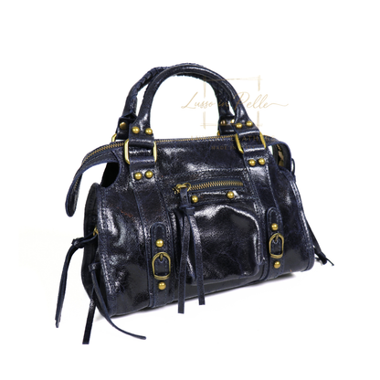 Genuine Leather Handbag with Front Zip Pocket & Stud Detail