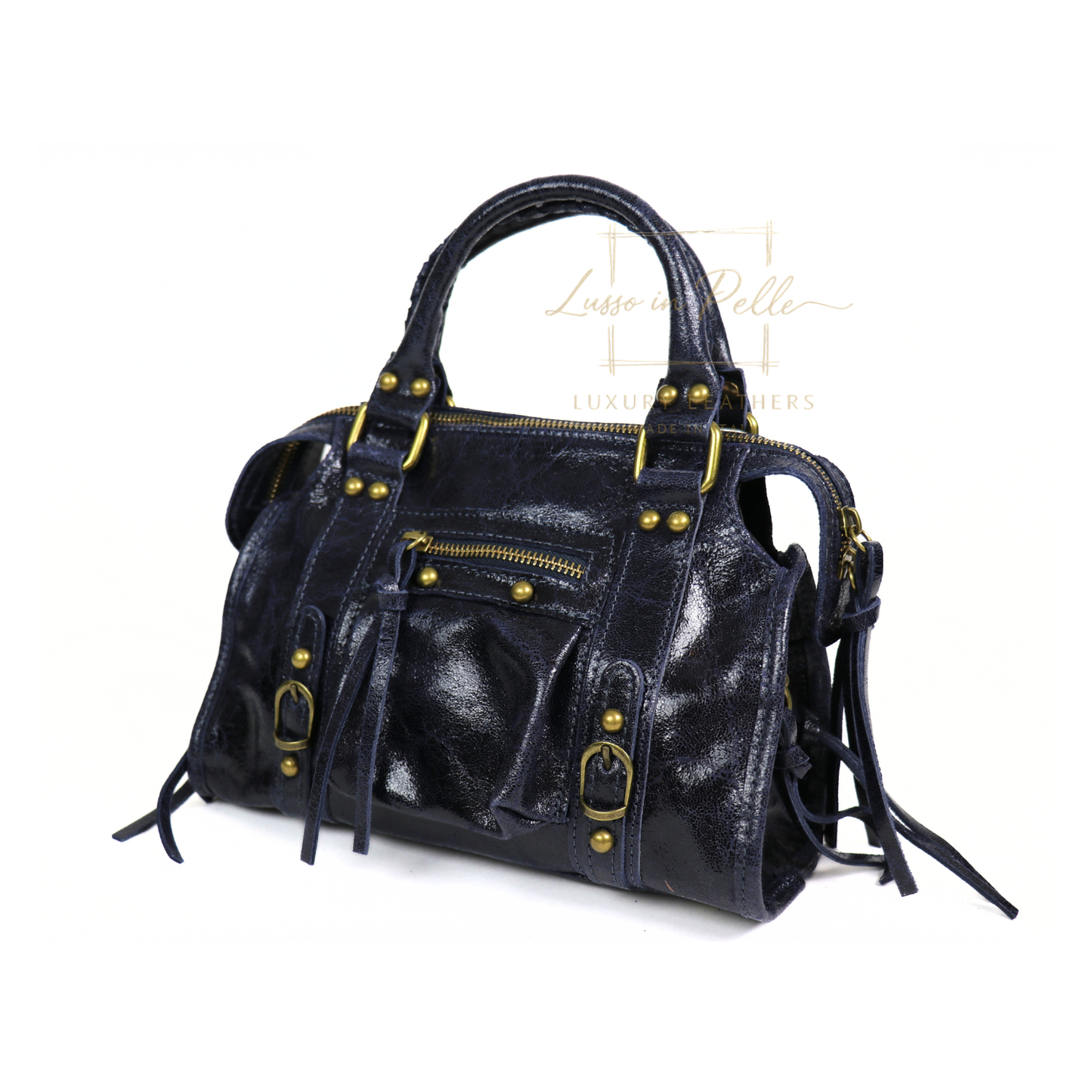 Genuine Leather Handbag with Front Zip Pocket & Stud Detail