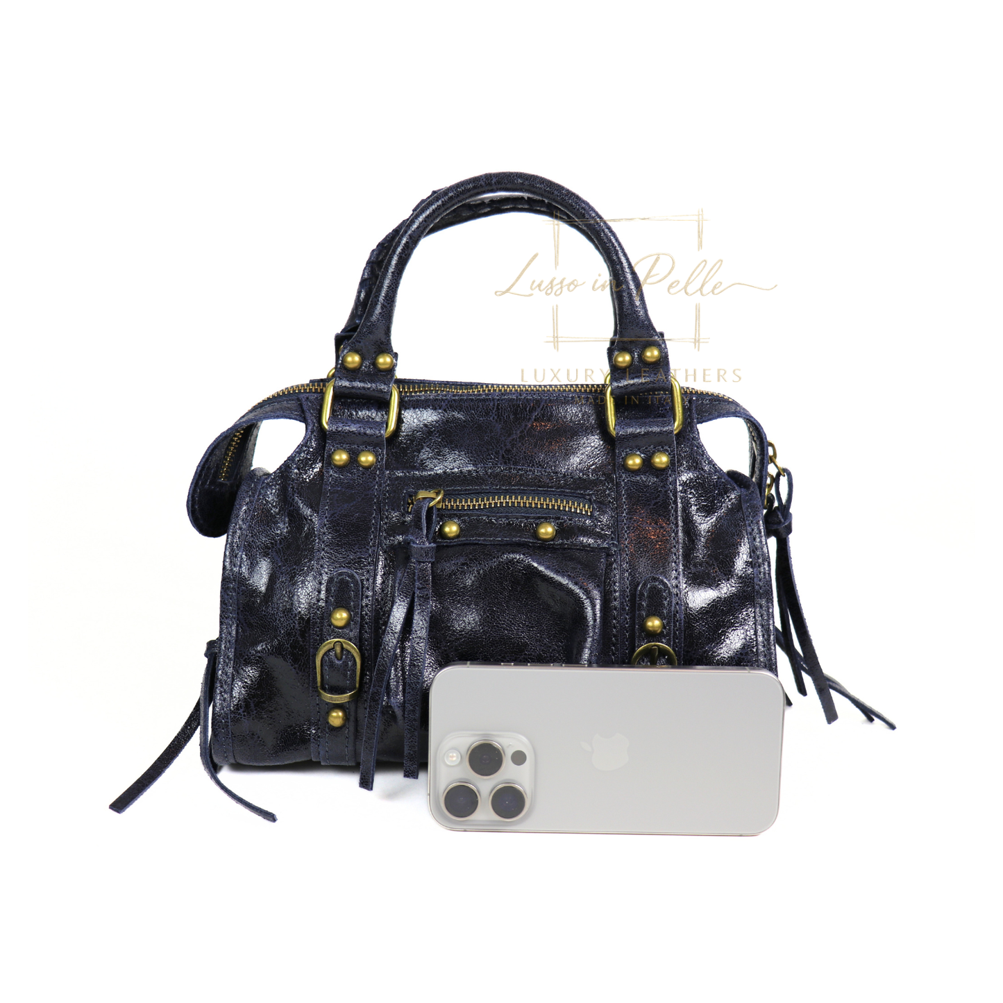 Genuine Leather Handbag with Front Zip Pocket & Stud Detail