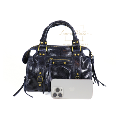 Genuine Leather Handbag with Front Zip Pocket & Stud Detail