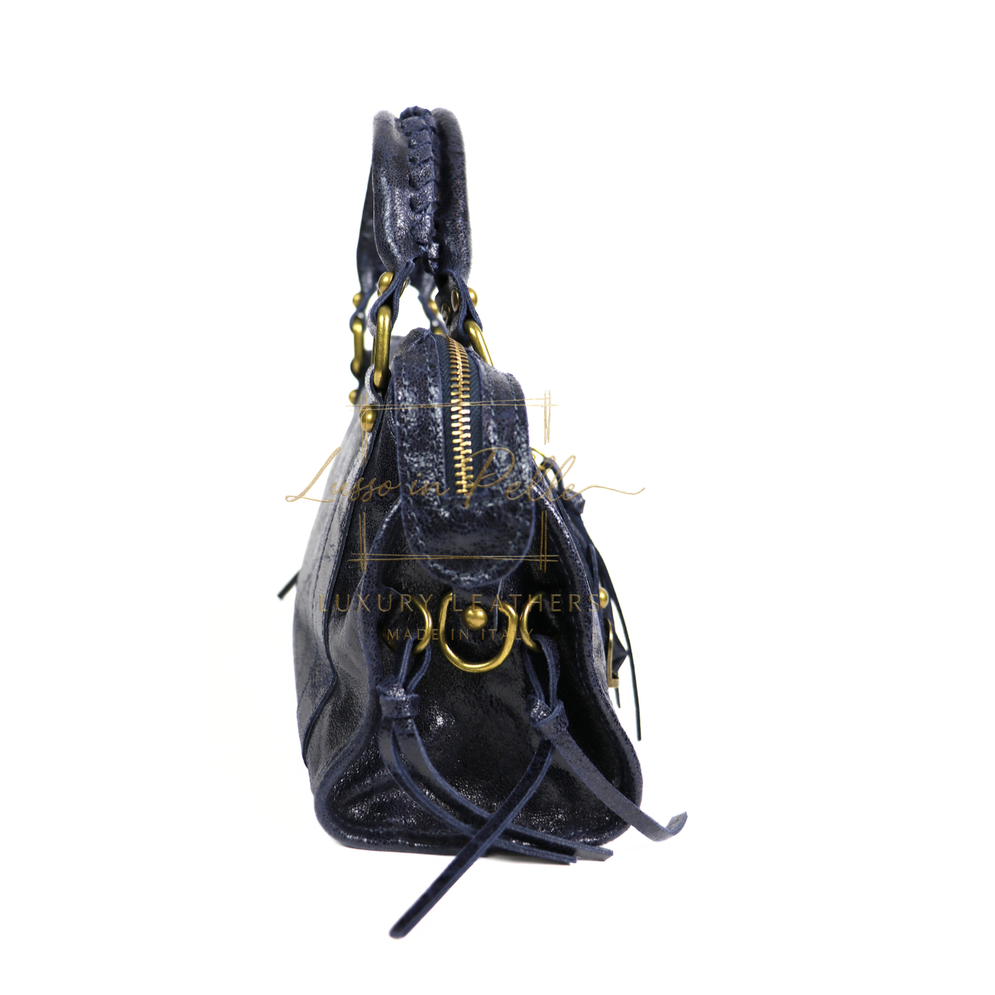 Genuine Leather Handbag with Front Zip Pocket & Stud Detail