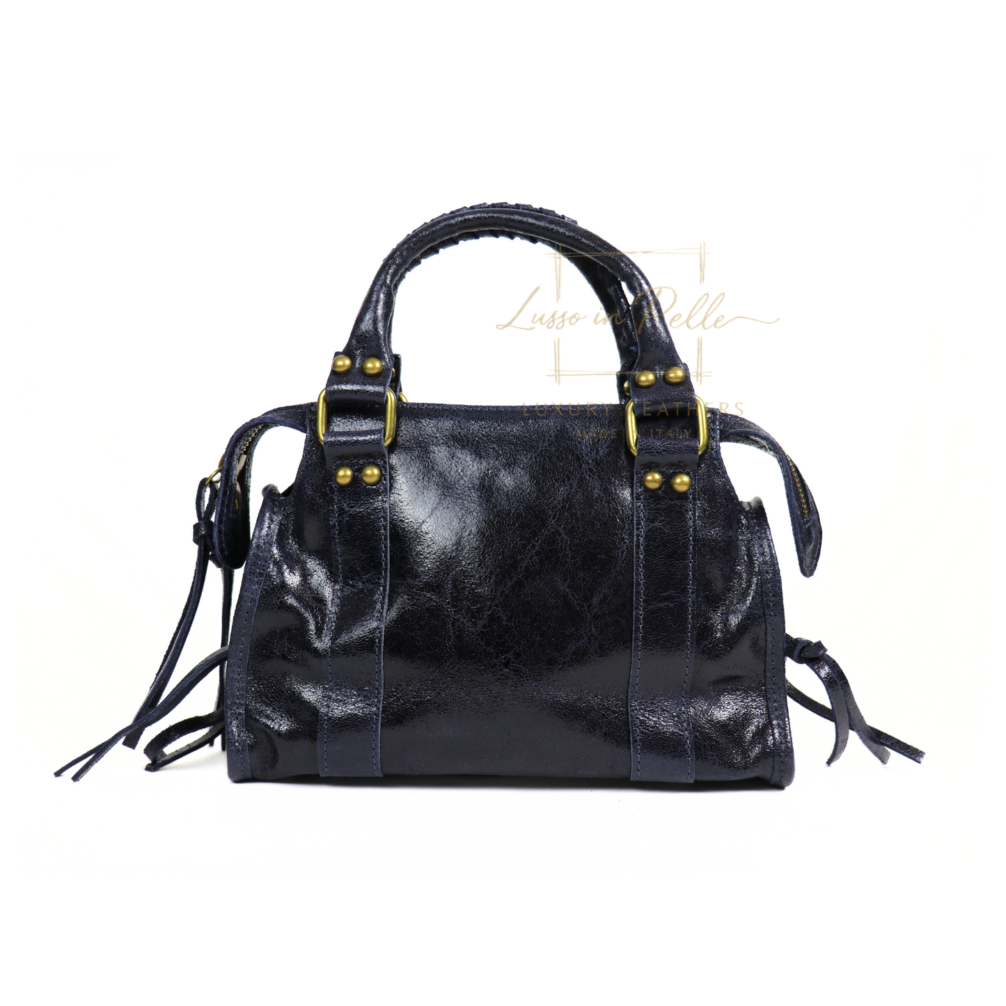Genuine Leather Handbag with Front Zip Pocket & Stud Detail