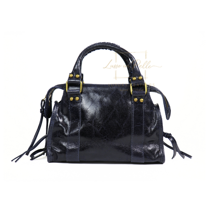 Genuine Leather Handbag with Front Zip Pocket & Stud Detail