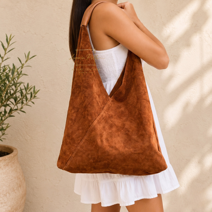 Milano Italian Suede Slouch Hobo Bag with Tan Leather Handle