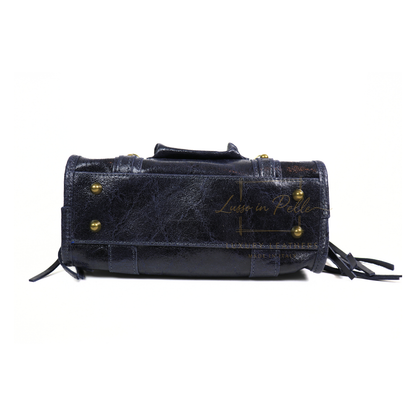 Genuine Leather Handbag with Front Zip Pocket & Stud Detail