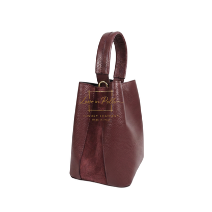 Genuine Italian Leather Bucket Handbag Top Handle Handbag with Snap Closure