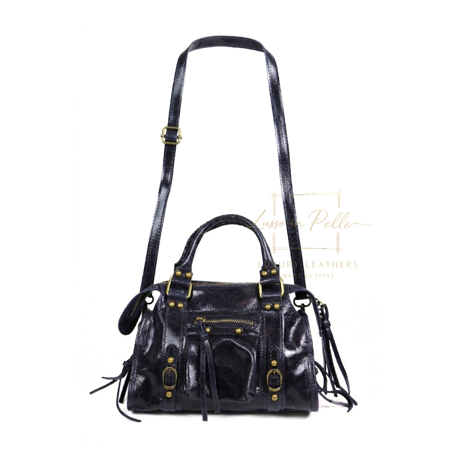 Genuine Leather Handbag with Front Zip Pocket & Stud Detail