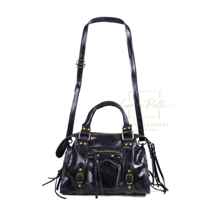 Genuine Leather Handbag with Front Zip Pocket & Stud Detail
