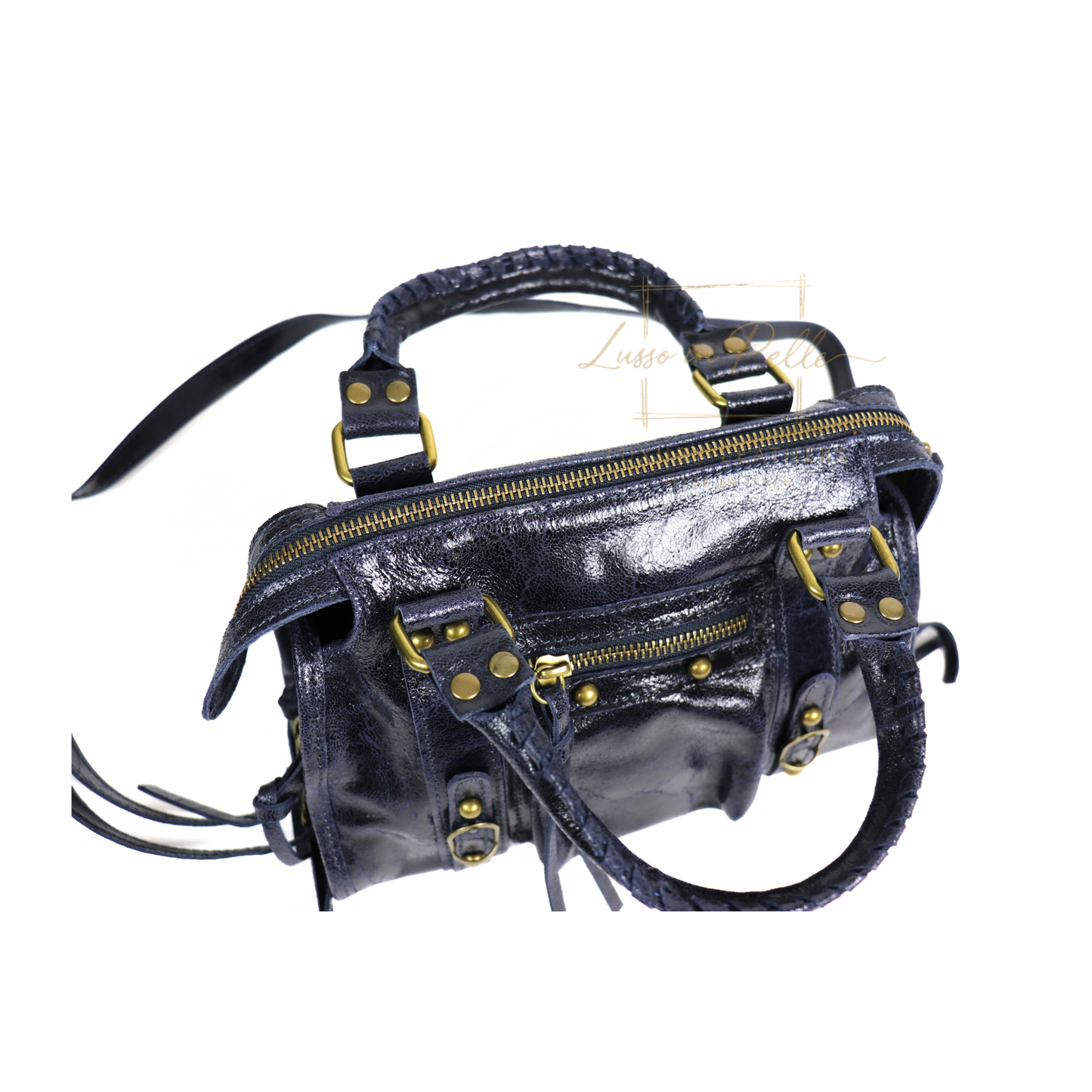 Genuine Leather Handbag with Front Zip Pocket & Stud Detail