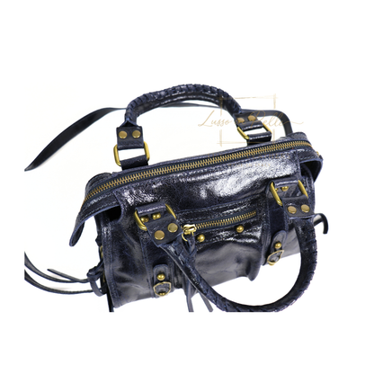 Genuine Leather Handbag with Front Zip Pocket & Stud Detail