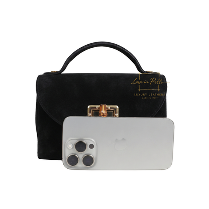 Genuine Suede Mini Top Handle Bag with Bamboo Twist Lock & Chain Strap