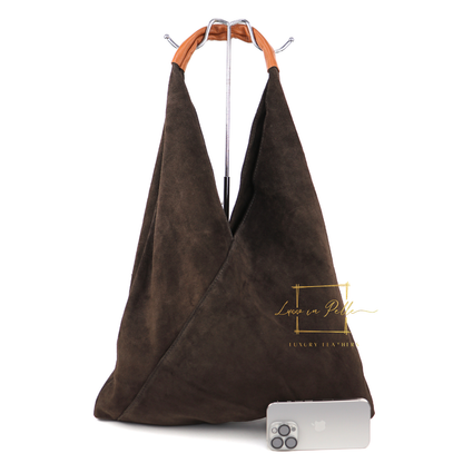 Milano Italian Suede Slouch Hobo Bag with Tan Leather Handle