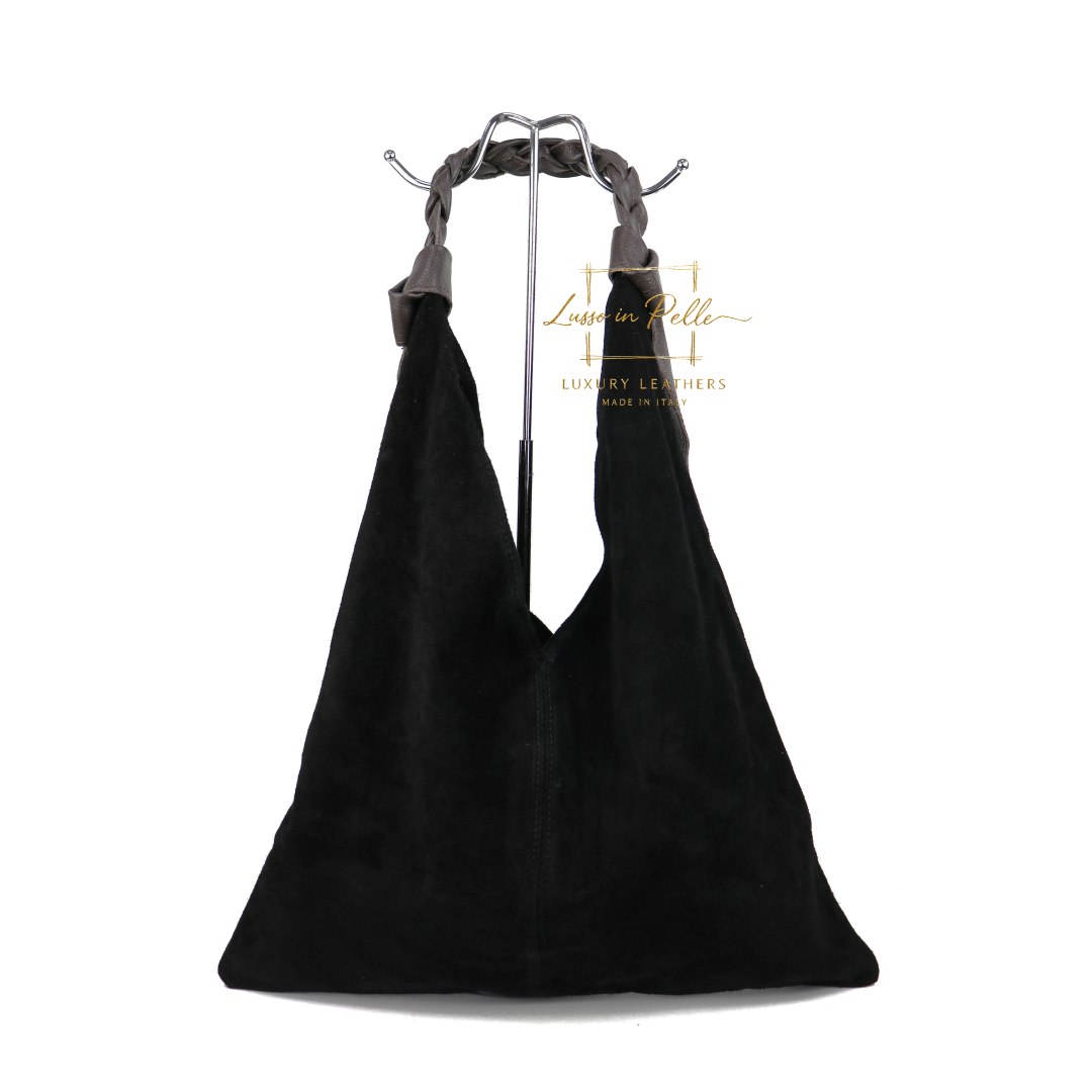 Suede Hobo Bag with Braided Leather Strap