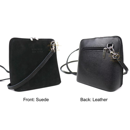 Small Suede Front Grain Leather Handbag with Detachable Straps
