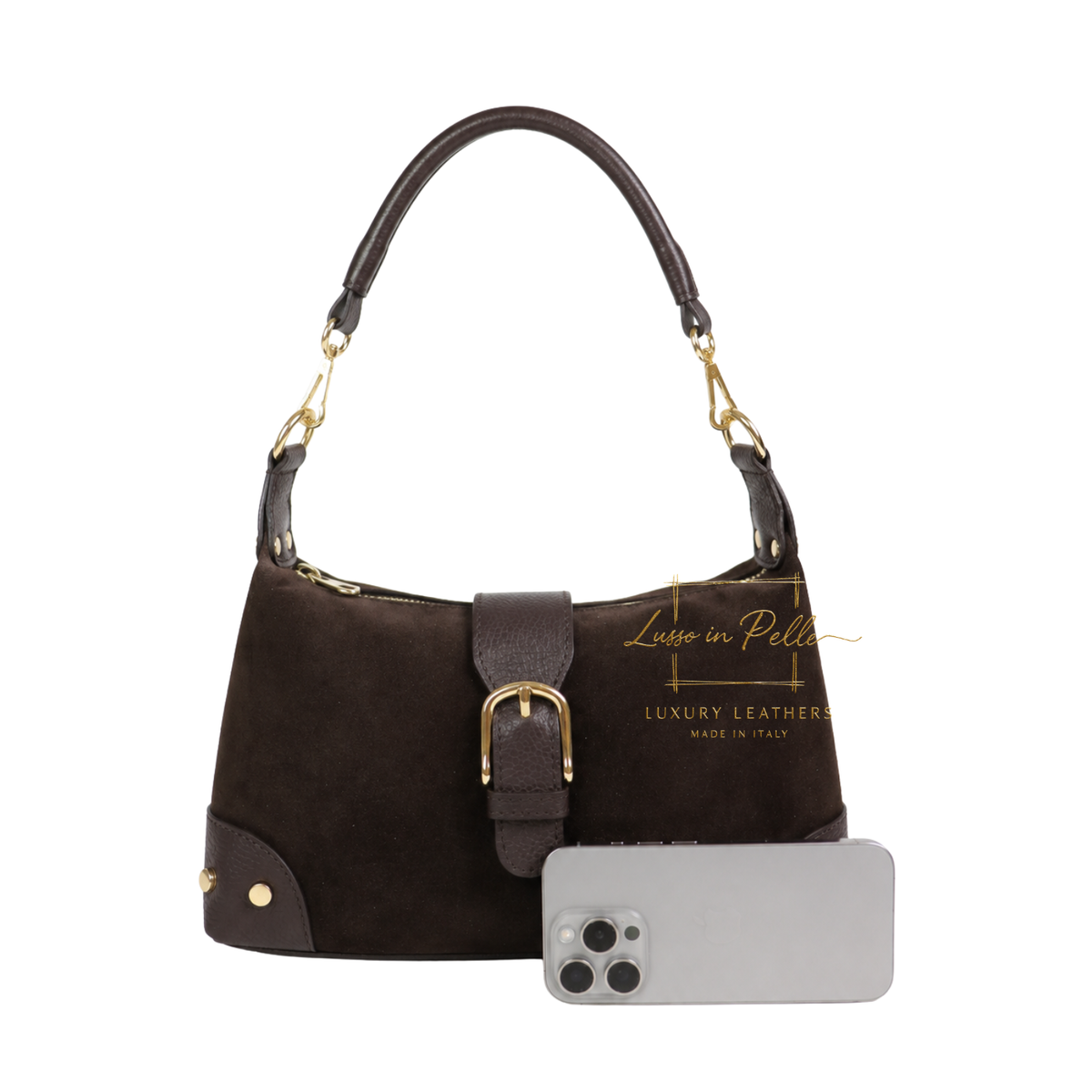 Genuine Suede & Leather Shoulder Bag with Buckle Detail