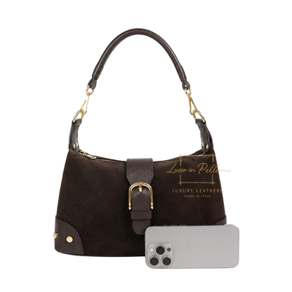 Genuine Suede & Leather Shoulder Bag with Buckle Detail