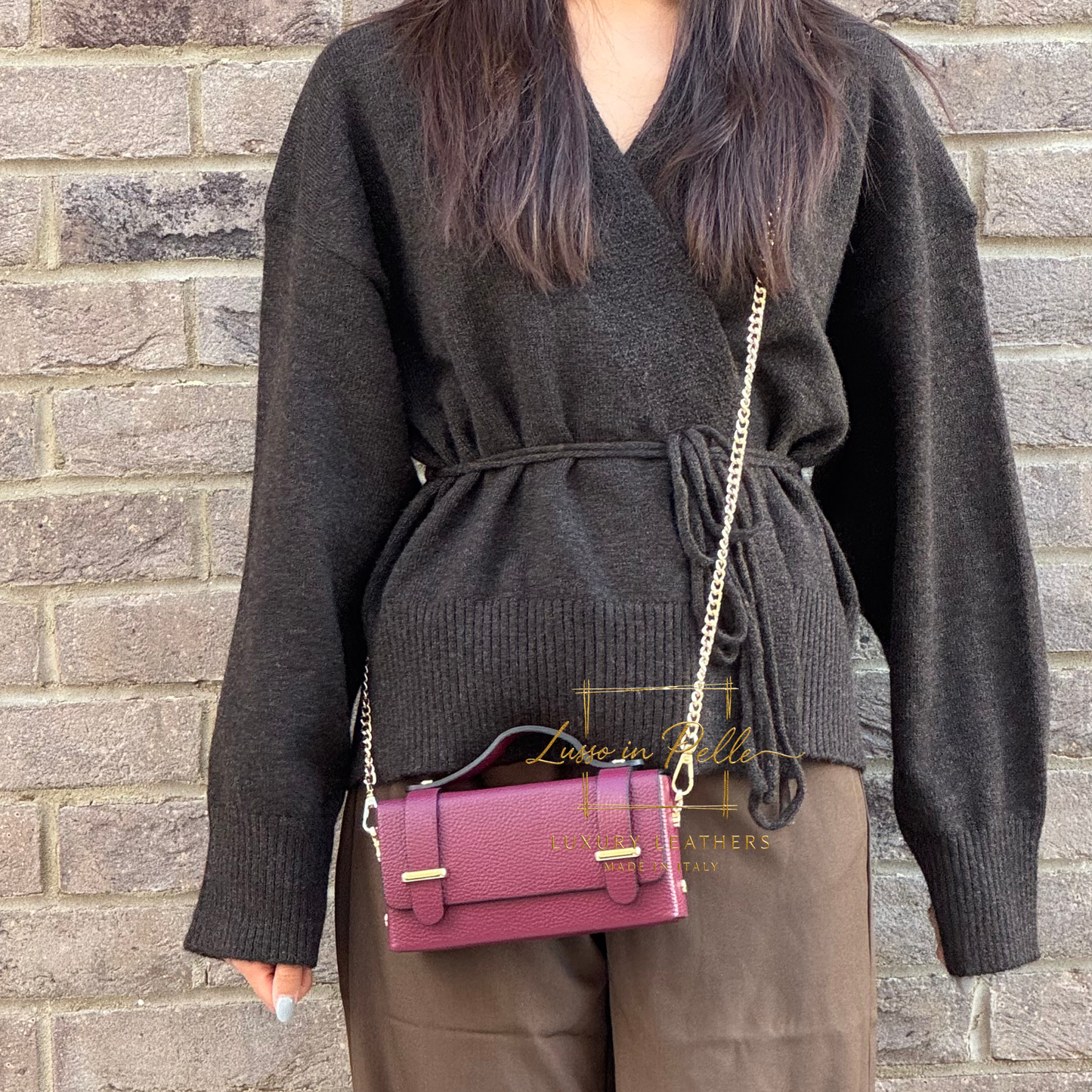 Small Genuine Leather Satchel Bag with Top Handle and Chain Straps