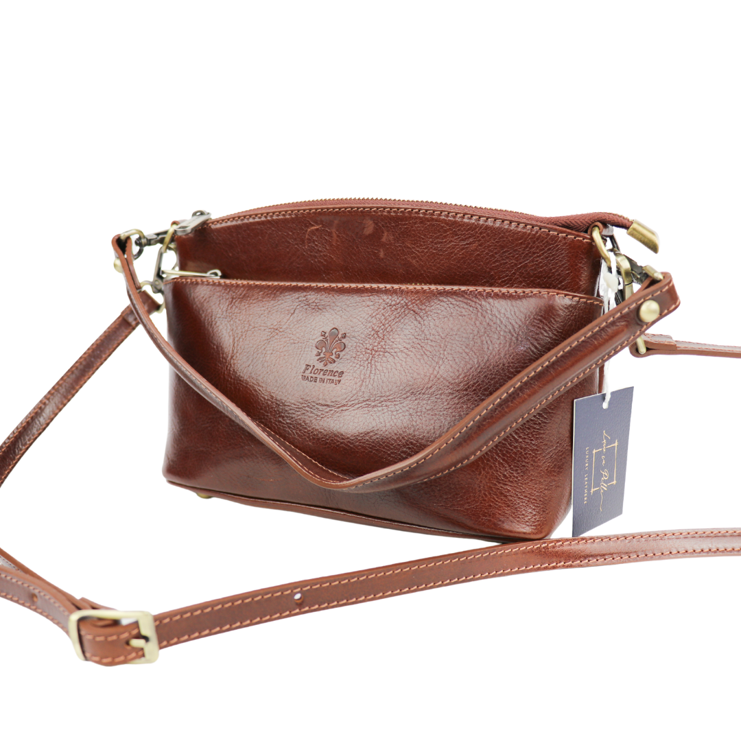 Small Three Zip Florence Leather Shoulder/Crossbody Bag - Lussoinpelle Dark tan Crossbody bags