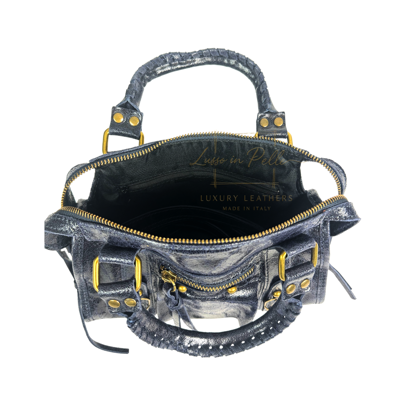 Genuine Leather Handbag with Front Zip Pocket & Stud Detail