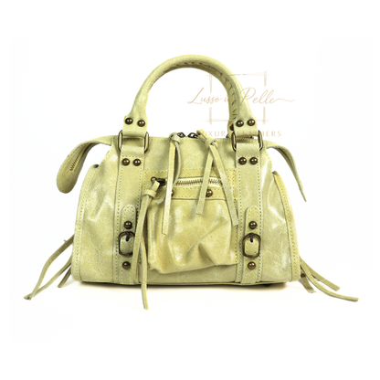 Genuine Leather Handbag with Front Zip Pocket & Stud Detail