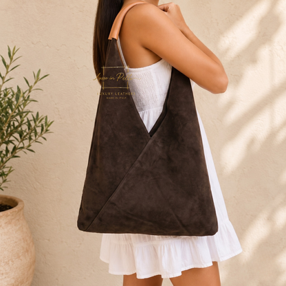 Milano Italian Suede Slouch Hobo Bag with Tan Leather Handle