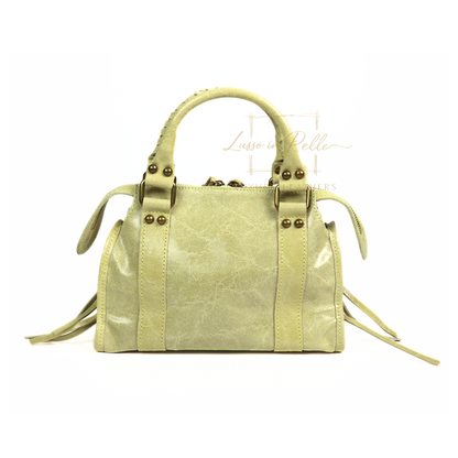 Genuine Leather Handbag with Front Zip Pocket & Stud Detail