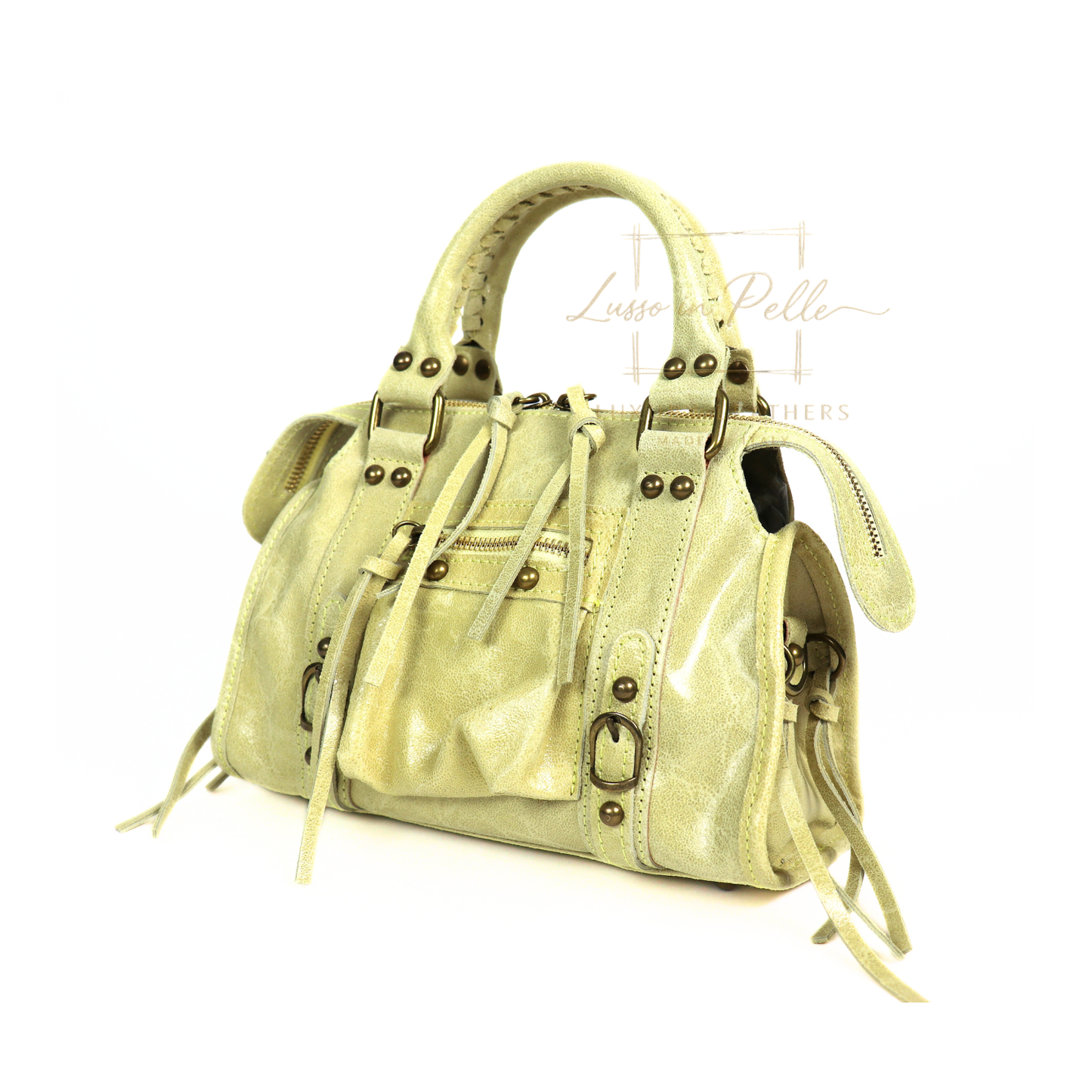 Genuine Leather Handbag with Front Zip Pocket & Stud Detail