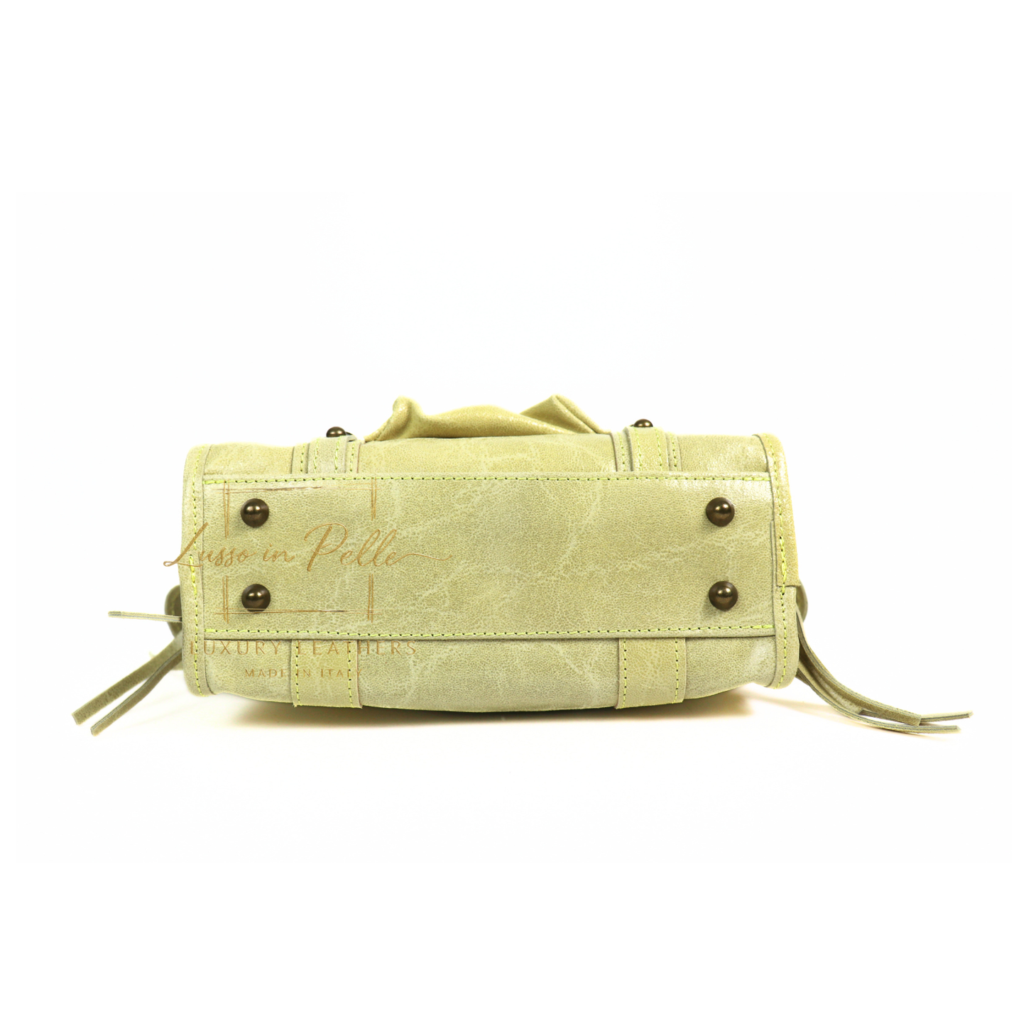 Genuine Leather Handbag with Front Zip Pocket & Stud Detail