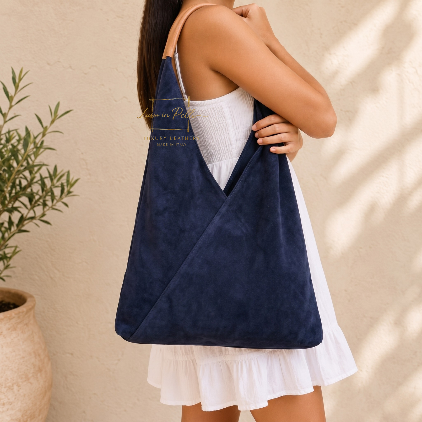 Milano Italian Suede Slouch Hobo Bag with Tan Leather Handle