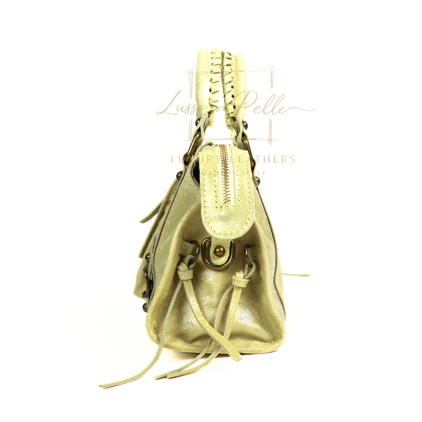 Genuine Leather Handbag with Front Zip Pocket & Stud Detail