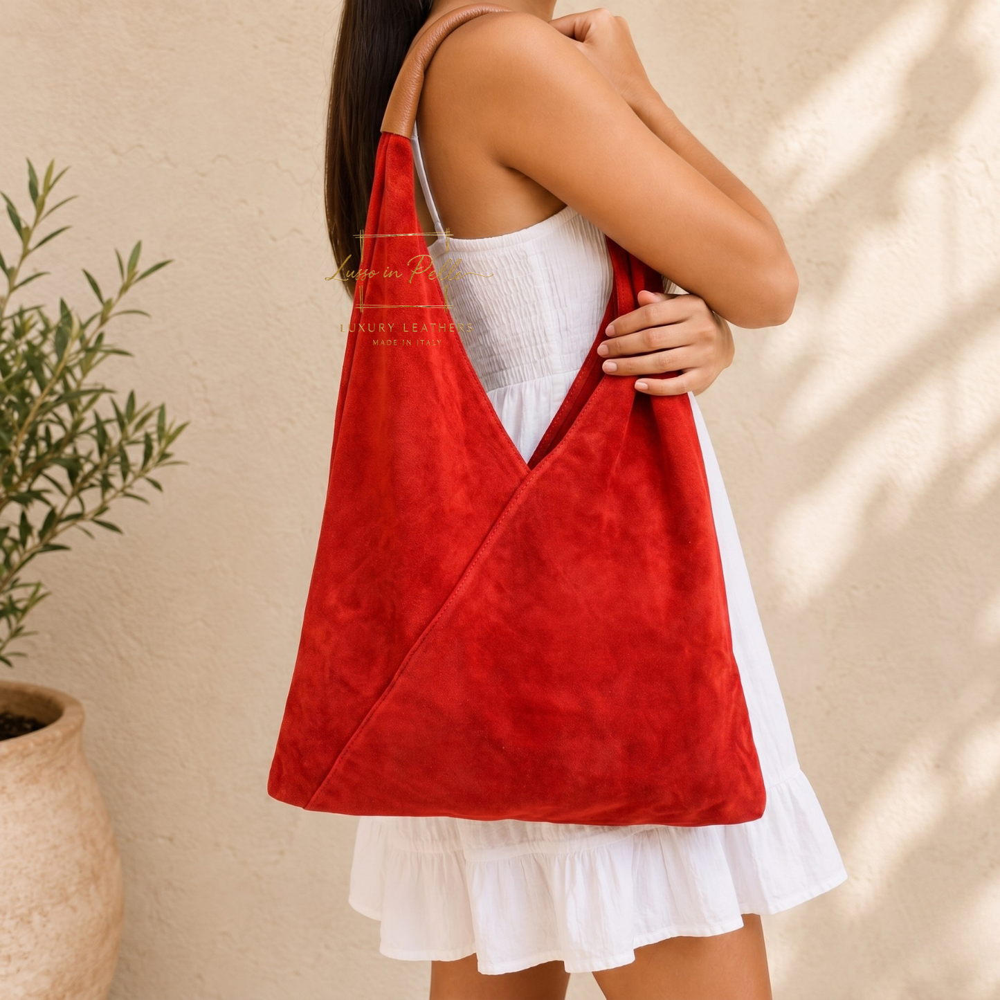 Milano Italian Suede Slouch Hobo Bag with Tan Leather Handle