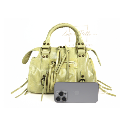 Genuine Leather Handbag with Front Zip Pocket & Stud Detail
