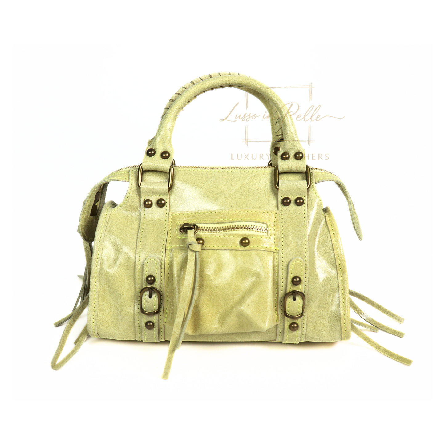 Genuine Leather Handbag with Front Zip Pocket & Stud Detail