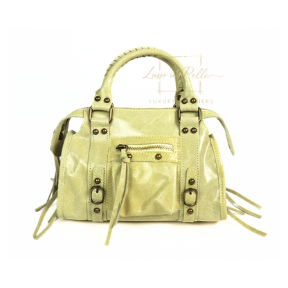 Genuine Leather Handbag with Front Zip Pocket & Stud Detail