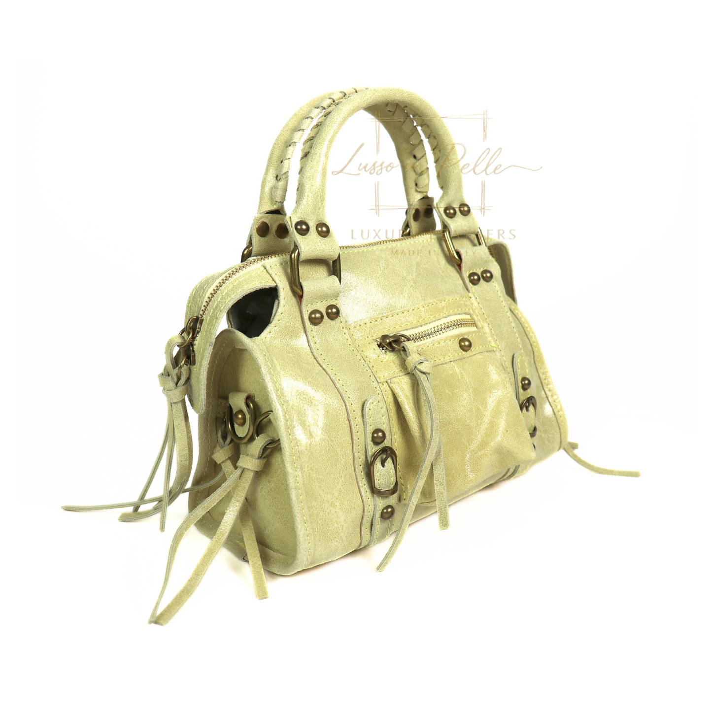 Genuine Leather Handbag with Front Zip Pocket & Stud Detail