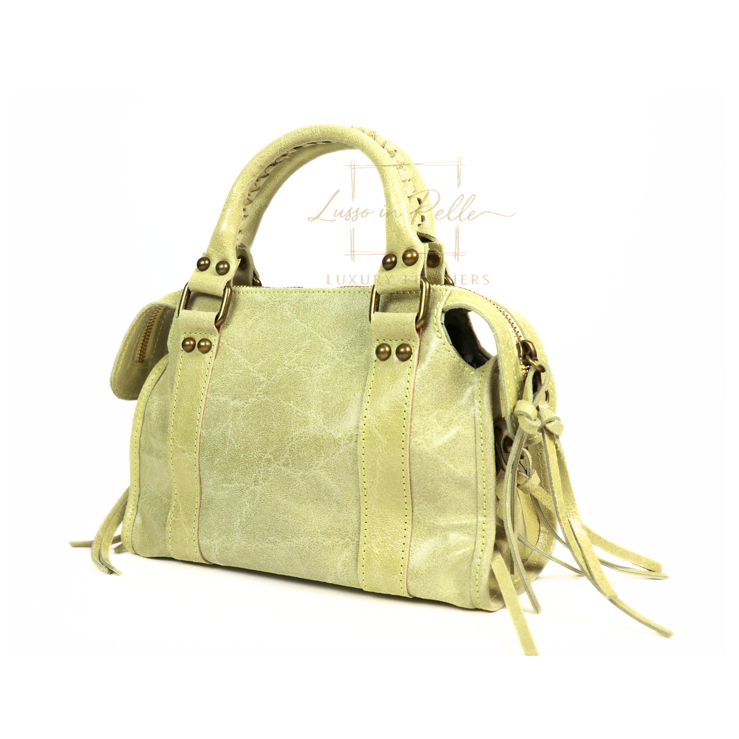 Genuine Leather Handbag with Front Zip Pocket & Stud Detail
