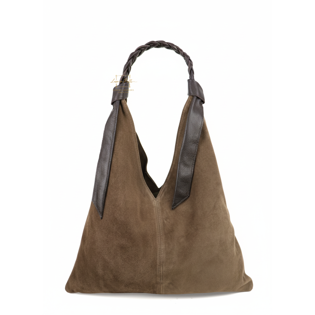 Suede Hobo Bag with Braided Leather Strap