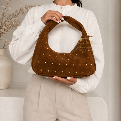 Soft Genuine Suede Shoulder Bag with Gold Stud Detail