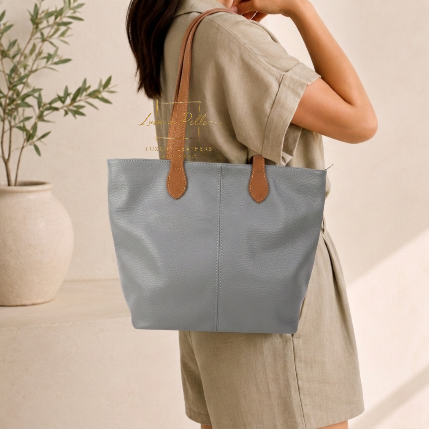 The Essential Tote (Handmade Italian Leather Shoulder Bag Tan Handle)