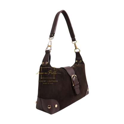 Genuine Suede & Leather Shoulder Bag with Buckle Detail