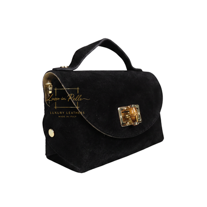 Genuine Suede Mini Top Handle Bag with Bamboo Twist Lock & Chain Strap
