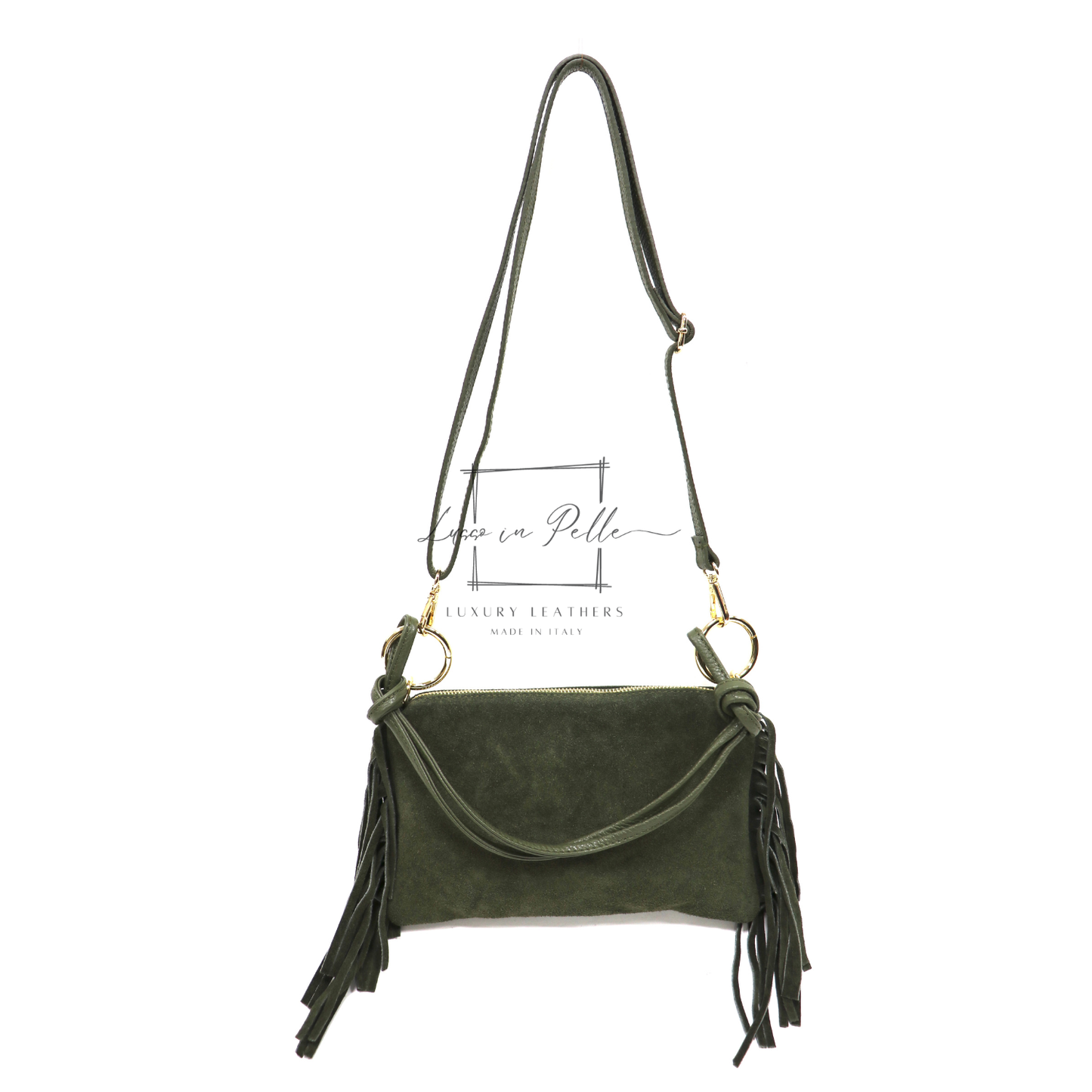 Small Italian Suede Fringe Bag with Shoulder and Crossbody Straps: Handmade Genuine Cowhide Suede Flat Purse