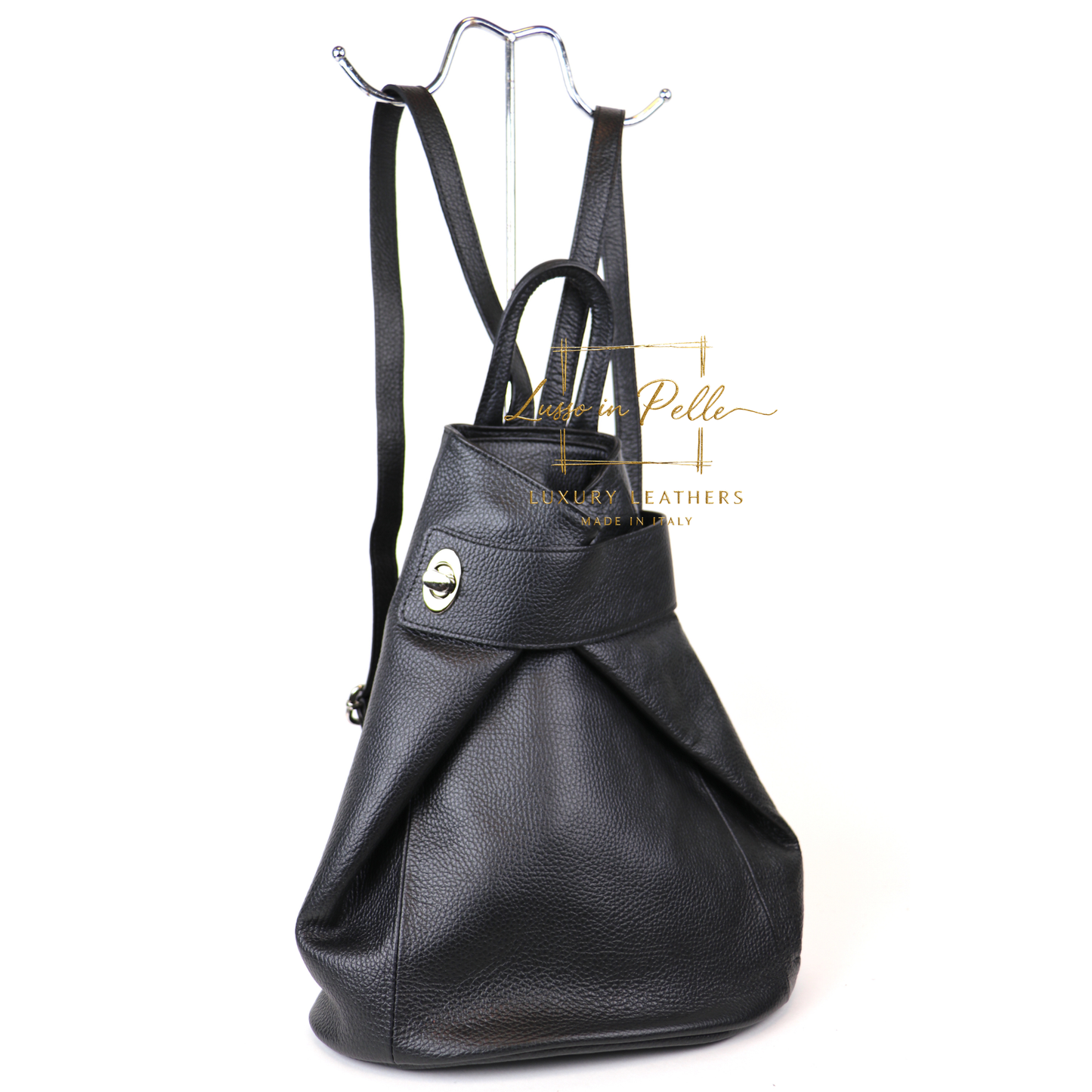 Fold-over Pebbled Leather Backpack