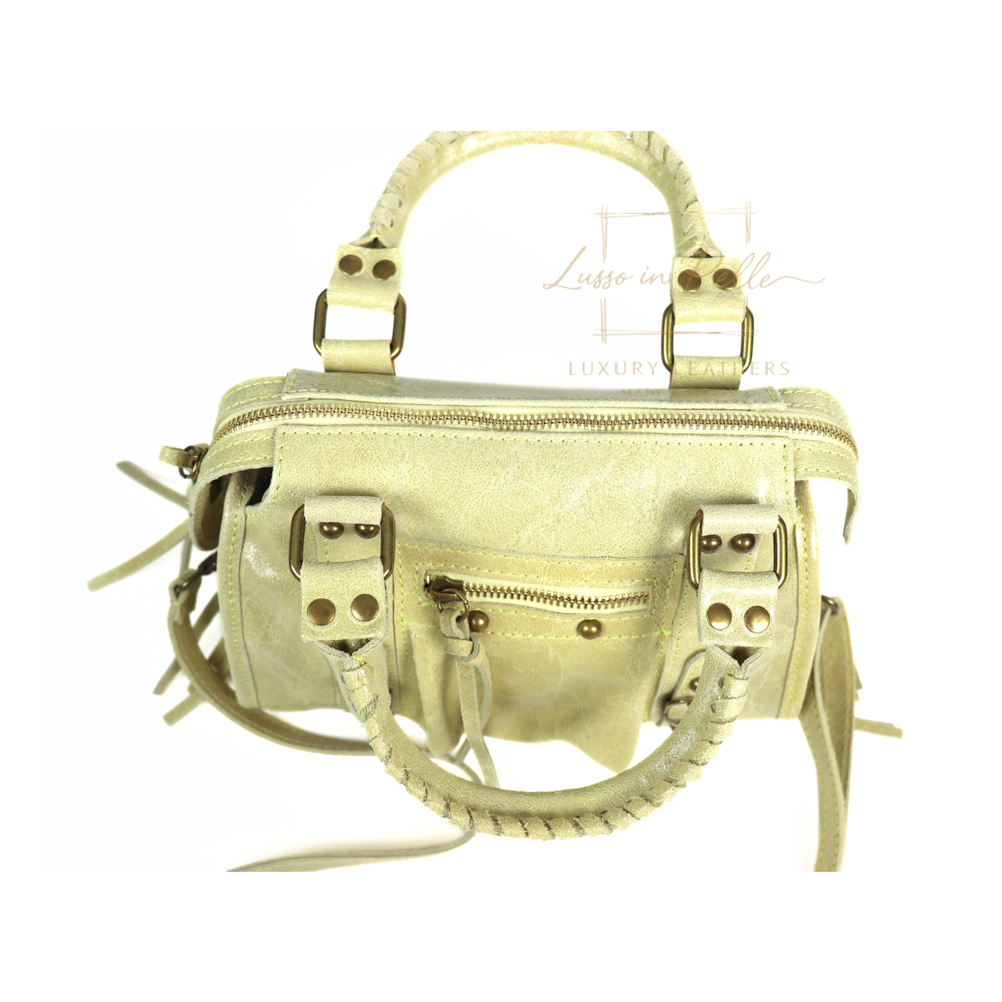 Genuine Leather Handbag with Front Zip Pocket & Stud Detail