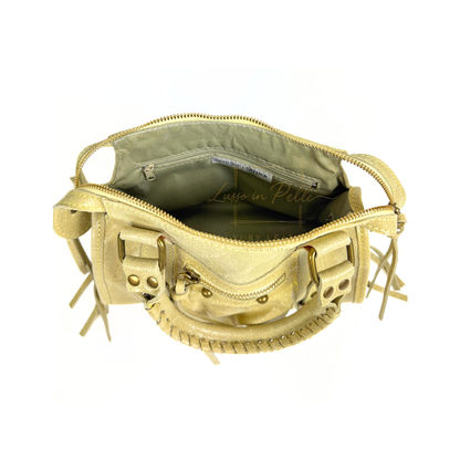 Genuine Leather Handbag with Front Zip Pocket & Stud Detail
