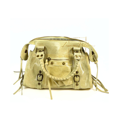 Genuine Leather Handbag with Front Zip Pocket & Stud Detail