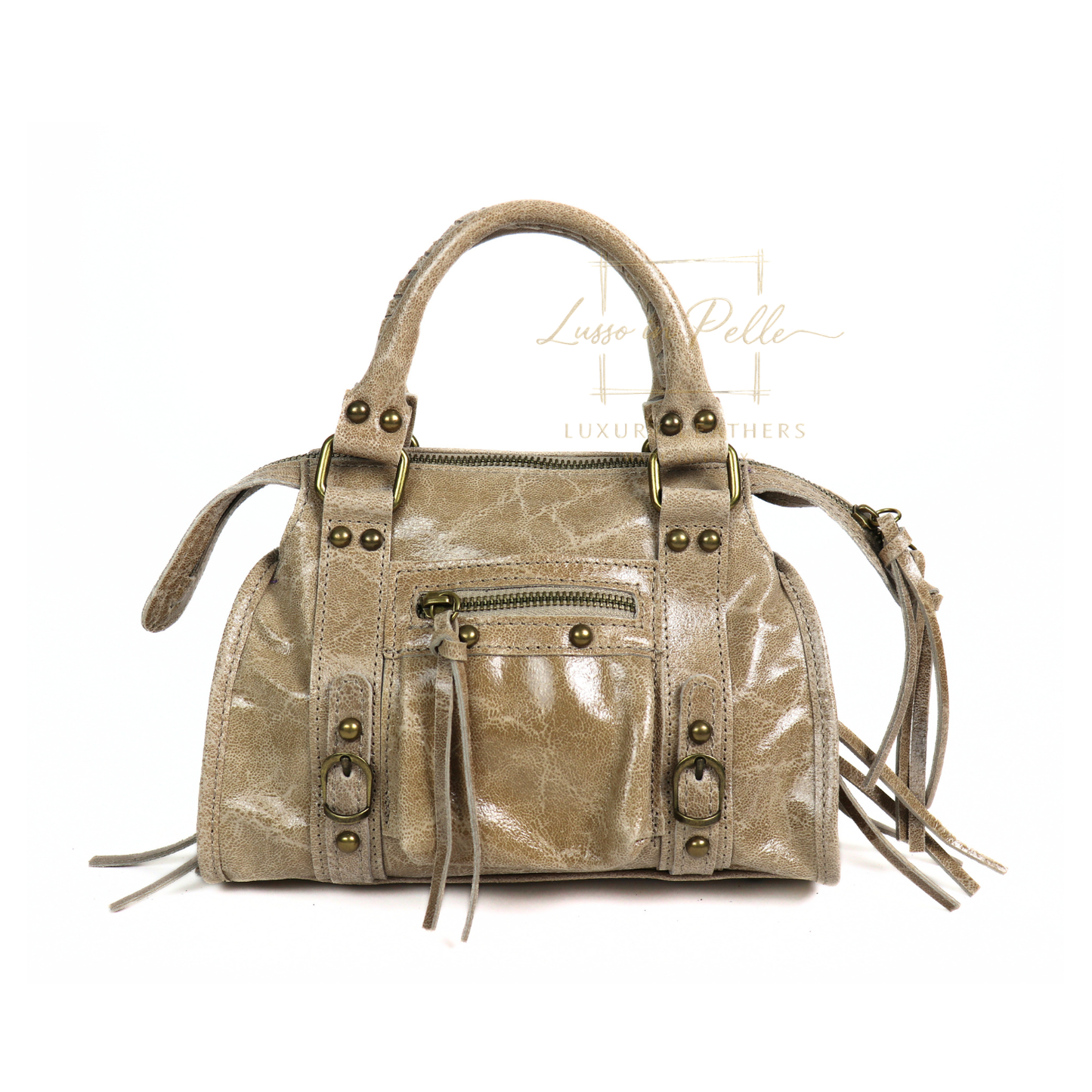 Genuine Leather Handbag with Front Zip Pocket & Stud Detail
