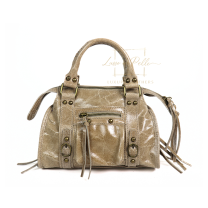 Genuine Leather Handbag with Front Zip Pocket & Stud Detail