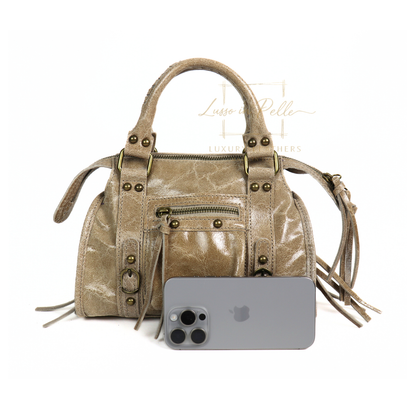 Genuine Leather Handbag with Front Zip Pocket & Stud Detail